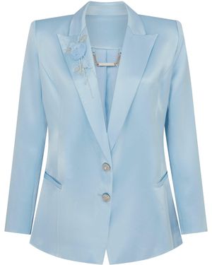 Sour Figs Floral Applique Crystal Embellished Satin Blazer Jacket - Blue