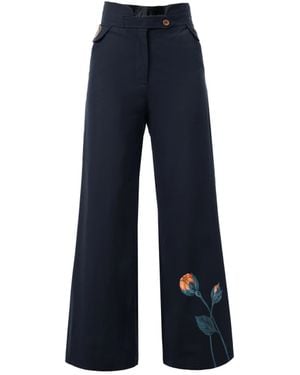 Rondooz Hand Painted Cotton Wide Leg Trousers With Hand Applied Embellishment - Blue