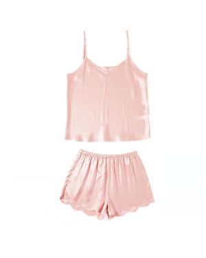 Soft Strokes Silk Pure Mulberry Silk Powder Camisole And Scalloped Shorts Set - Pink
