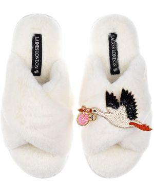 Laines London Neutrals Cream Classic Laines Slippers With Baby Girl Stork Brooch - White