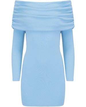 JAAF Ruched Off-Shoulder Virgin Wool Mini Dress - Blue