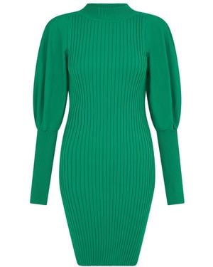 Sour Figs Funnel Neck Puff Sleeve Sweater Dress - Green