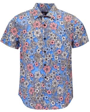 lords of harlech Scott Tropical Mix Royal Printed Button Up Shirt - Blue