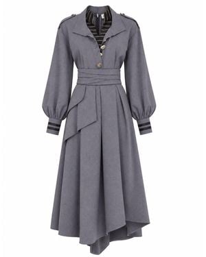 Julia Allert Double-Collar Belted A-Line Midi Dress – - Grey