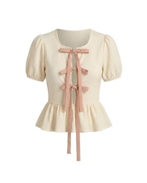 Modenaire Neutrals Peplum Blouse Sculpted Sleeve Bow Detail - Natural