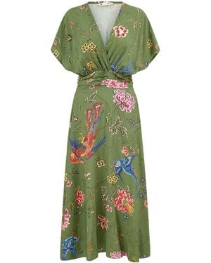 Yumi' Bird And Floral Print Ruched Waist Kimono Midi Dress - Green