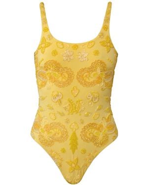 Self-Adore Floral Fiesta Hand-Beaded Embellished One-Piece Swimsuit - Yellow