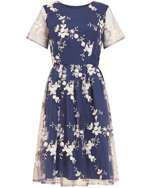 Yumi' Embroidered Floral Skater Dress - Blue