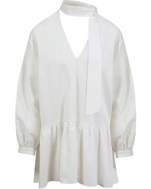 House of Ika Tie-Neck Linen Mini Dress - White