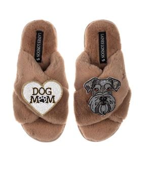 Laines London Neutrals Classic Laines Slippers With Ernie The Schnauzer & Dog Mum Mom Brooches - Brown