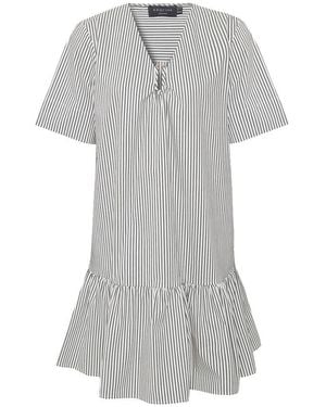 Exquise Relaxed Striped Pleated Buckle-Neck Cotton Dress - Gray
