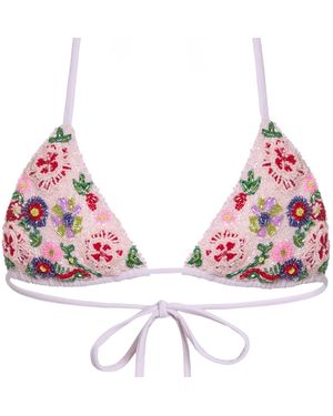 Self-Adore Fleur 3D Hand-Beaded Embellished Bikini Top - Pink
