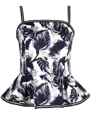 Lalipop Design Palm Leaves Design Printed Peplum-Hem Bustier Top - Blue
