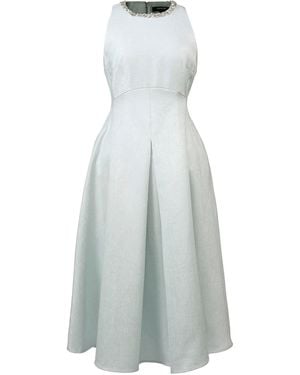 Smart and Joy Fit-And-Flare Collar Trim Textured Jacquard Dress - Blue