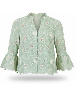 Yumi' Daisy Broderie Shirt With Fluted Sleeves - Green