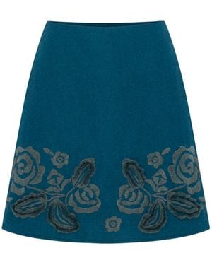 Annabo Velvet Rose Floral Embroidered Mini Skirt – Deep - Blue