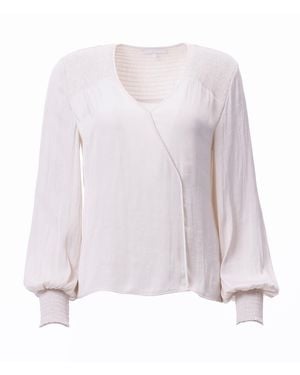 Carloslines Neutrals V-Neck Bishop Sleeve Smocked Shoulder & Cuff Faux Wrap Blouse - Purple