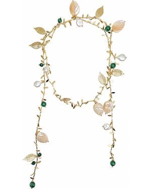 Farra Natural-Inspired Pearl With Shell Leaves And Malachite Open Ended Necklace - Metallic