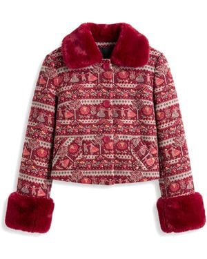 Louche Kent Heirloom Jacquard Fur Trim Cropped Jacket - Red