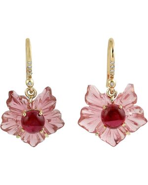 Artisan Carved Tourmaline Flower Earrings With Diamond - Red