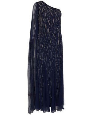 Raishma Mila Cut As One Shoulder With A Dramatic To-The-Floor Draped Train, Falling From The Shoulder Gown - Blue