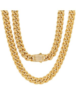 Steeltime Stainless Steel 10Mm 18K Plated Miami Cuban Necklace Chain With Cz Monaco Clasp 24 Inch - Metallic
