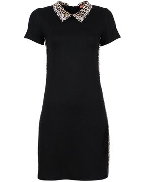 Lalipop Design Mini Knitted Dress With Faux Crystal Embellished Leopard Print Collar - Black