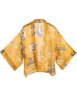 Artemis Muse Mustard Dynastic Bird Print Light Weight Kimono - Yellow