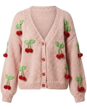 Ana Chic Cherry Motif Handmade Knitted Cardigan - Pink