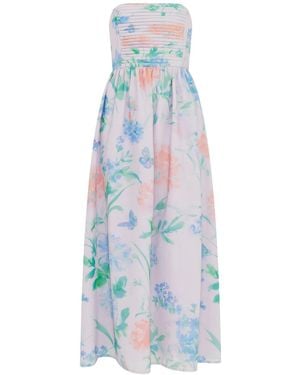 Sour Figs Watercolor Wildflower Strapless Maxi Dress - Blue