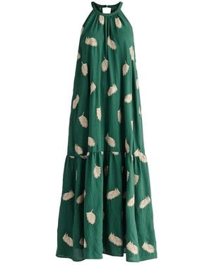 Paisie Leaf Embroidered Halterneck Maxi Dress - Green