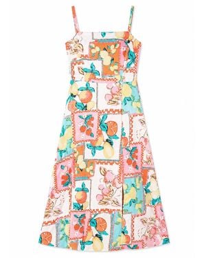 Yumi' Multicolour Fruit Print Midi Sun Dress Ruched Back - White