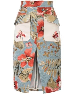Rondooz Hand Painted Crepe Wrap Midi Skirt With Gobelin Jacquard & Hand Applied Embellishment - White