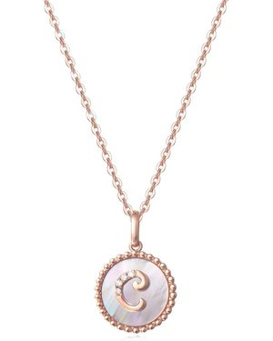 Fanci Me R Initial Letter Mother Of Pearl And Diamond Round Disc Solid Necklace - Metallic