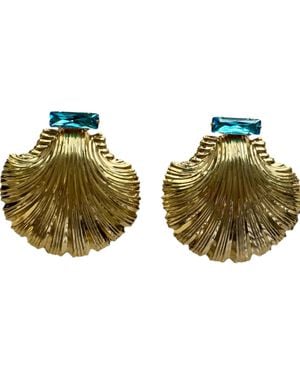 Laura Gray Large Aqua Crystal Shell Earrings - Green