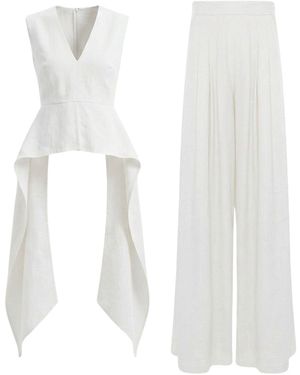 BLUZAT Linen Peplum Top & Wide-Leg Pants Set - White
