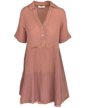 Haris Cotton Mini Textured Cotton Short Sleeved Dress With Front Buttons And Lace Trims Blush - Pink