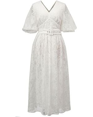 Smart and Joy All-Lace Puffy Sleeves Dress With Belt - White