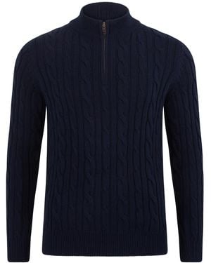 Paul James Knitwear Midweight Romano Cotton Cable Zip Neck Jumper - Blue