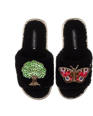 Laines London Teddy Toweling Slipper Sliders With Oak Tree & Butterfly Brooches - Black