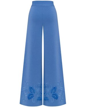 Annabo Rose Merino Wool Knitted Wide-Leg Pants - Blue