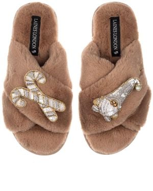 Laines London Faux Fur Cross-Strap Holiday Slippers - Brown