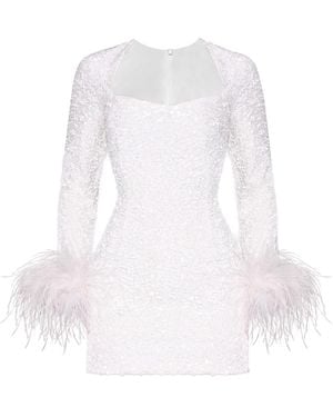 Moda Glam Jade Long Sleeved Sequin Mini Dress W/ Feather Trim - White