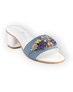 DAMAPREZIOSA Flora Denim Mule Sandals With Sapphire Crystals - Blue