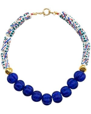 Sunset Magic Studio African Krobo Detailed Vintage Indian Glass Necklace - Blue