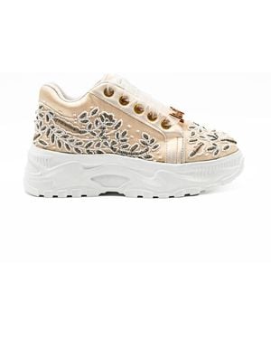 Rettrose Neutrals Iska Luxury Buttermilk Satin Handmade Embellished Sneaker - White
