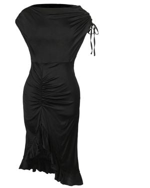 Smart and Joy One Shoulder Off And High Ruffle Slit Fitted Dress - Black