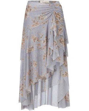 Belsize25 Dahlia Series – Floral Print High-Waisted Draped Maxi Skirt - Grey