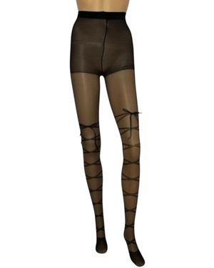 HIGH HEEL JUNGLE by KATHRYN EISMAN Satin Bow Lace Up Tights - Black