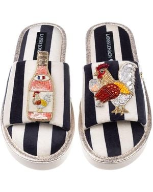 Laines London Flatform Stripe Open Toe Slippers With Chicken Wine Brooches - Multicolour